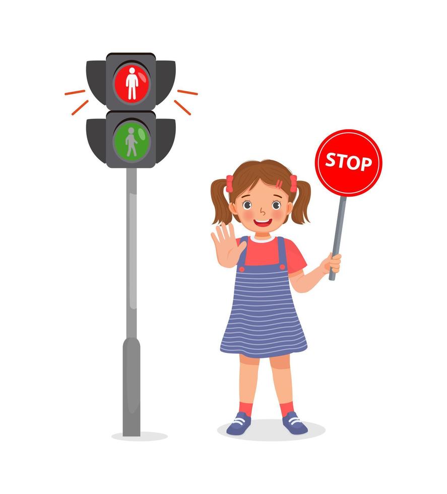 söt liten flicka håller stoppskylt nära fotgängare trafikljus med röd indikatorlampa på vektor