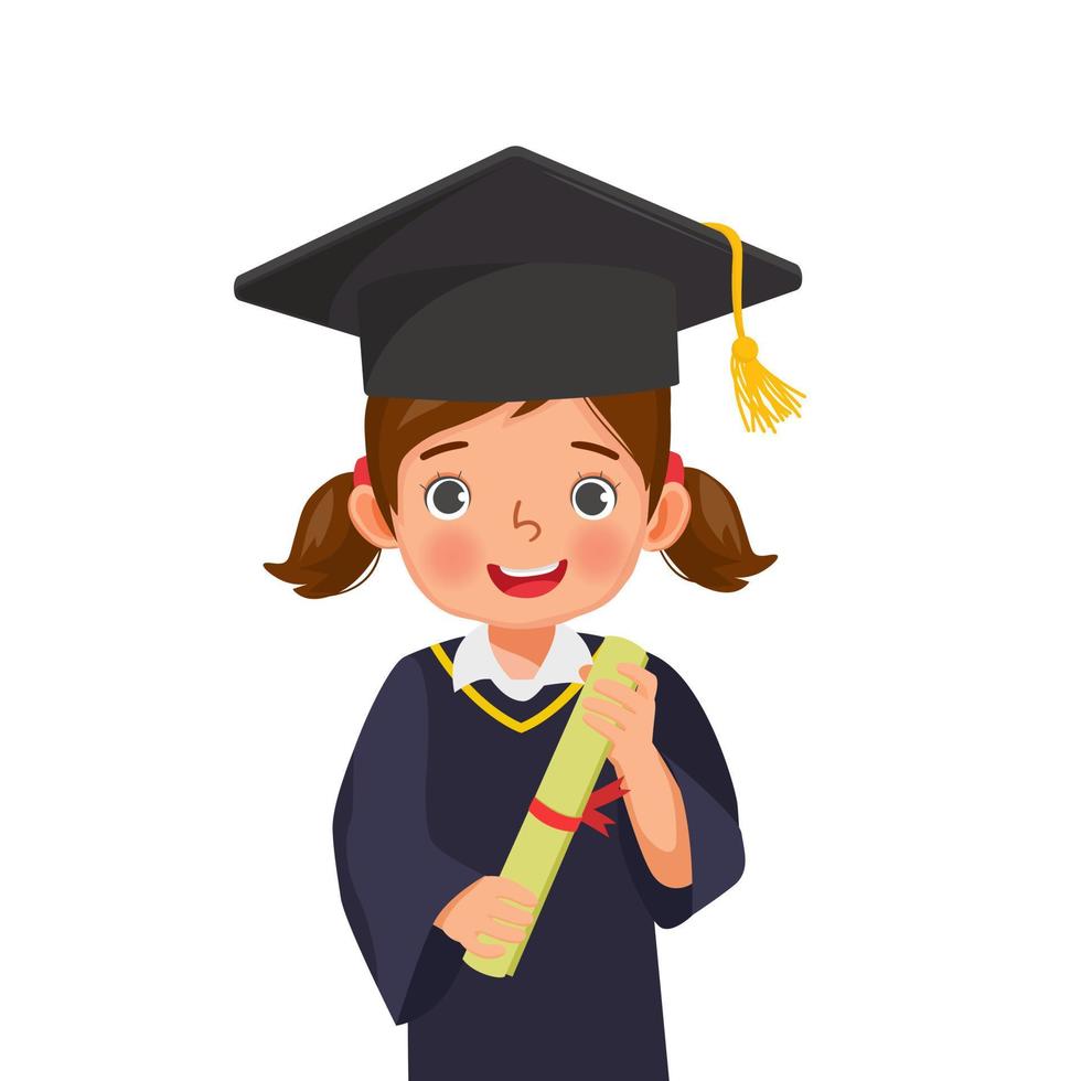 söt liten skolflicka i examen hatt och klänning håller diplomcertifikat vektor