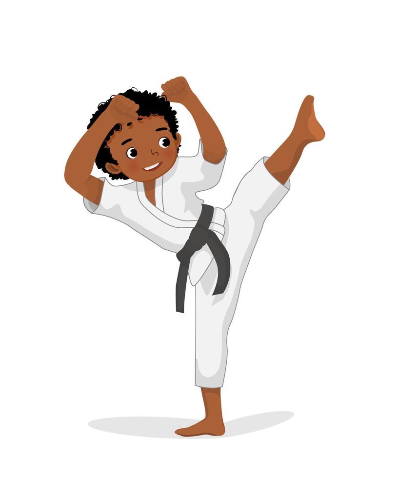 söt liten karateunge afrikansk pojke med svart bälte som visar sparkande attacktekniker i kampsportsträning vektor