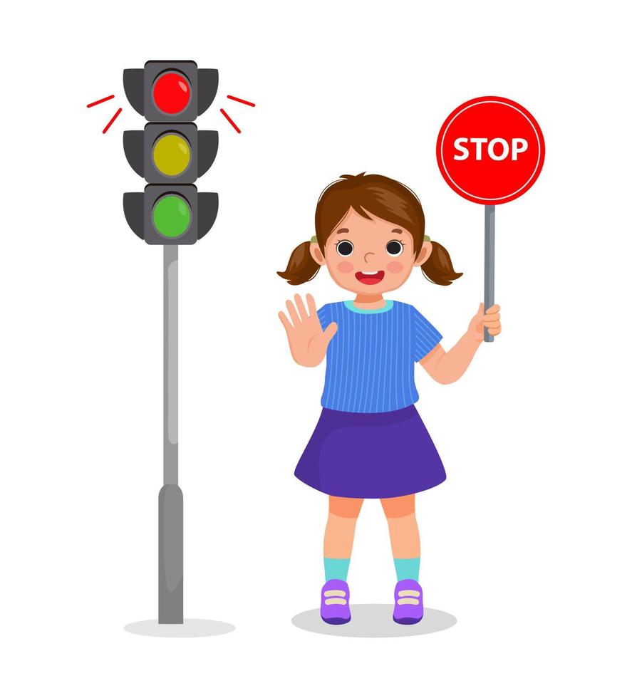 söt liten flicka håller stoppskylt styrelse visar trafikljus indikator rött ljus på vektor