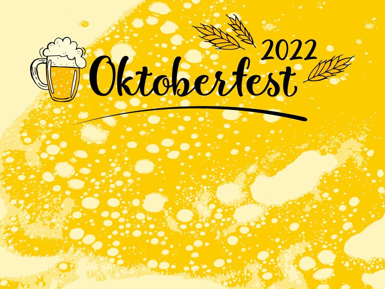 oktoberfest 2022 - ölfestival. handritade doodle element. tysk traditionell semester. svart bokstäver med en ölmugg och veteöron på en ljus ölbakgrund. vektor