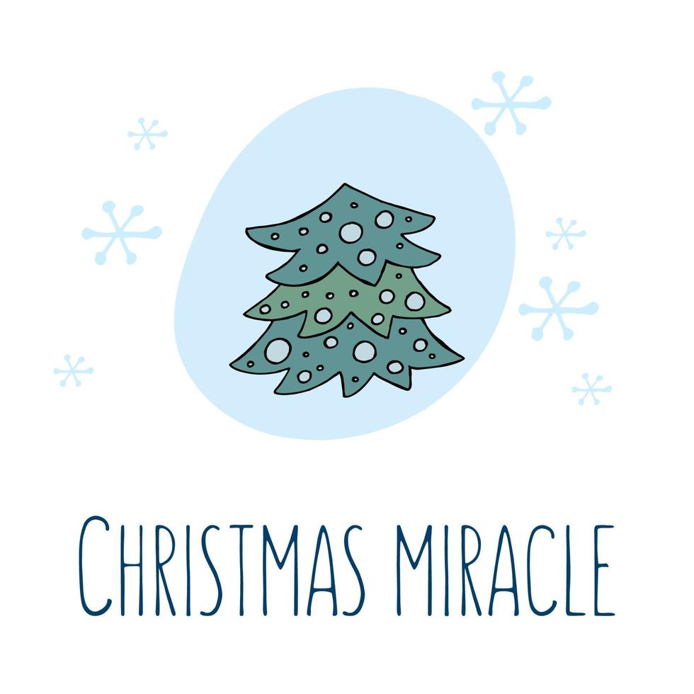 en handritad julgran. färgad vektorillustration i doodle stil. vinterstämning. hej 2023. god jul och gott nytt år. grönt träd med en blå leksaker och snöflingor på en vit bakgrund. vektor