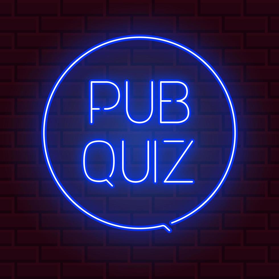 pub quiz tillkännagivande affisch, vintage stil neon glödande bokstäver lyser på mörk tegel bakgrund. frågor lagspel för intelligenta people.vector illustration, glödande elektriska tecken i retrostil vektor