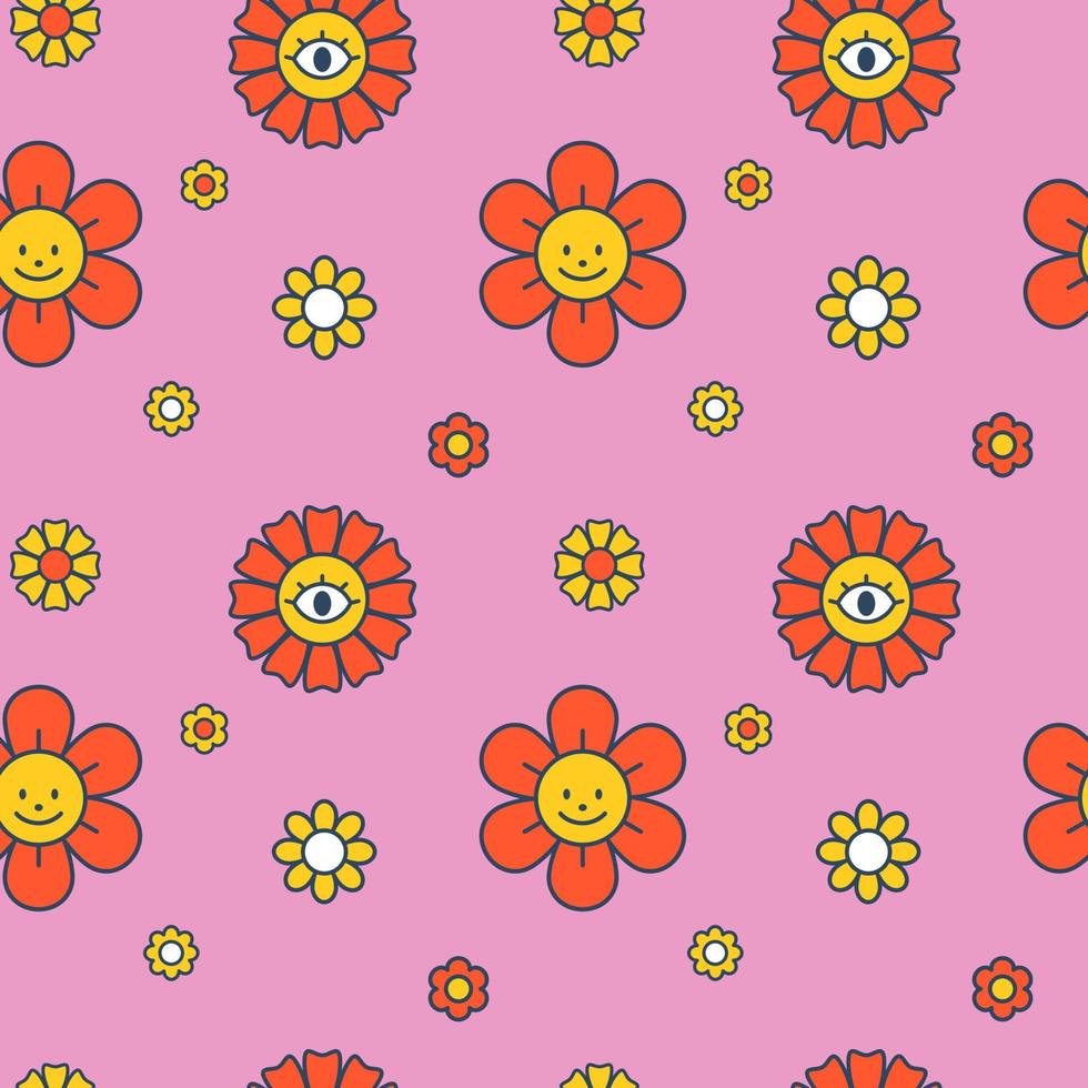Vektor-Retro-Blumenmuster. Nahtloses Muster mit Blumen auf rosa Hintergrund. Grooviges Muster für Kinder. niedlich. vektor