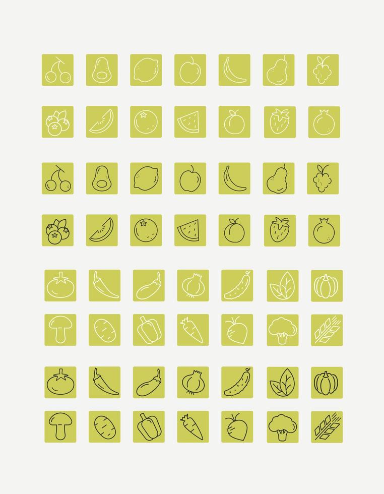 gröna ikoner med frukt och grönsaker vektor