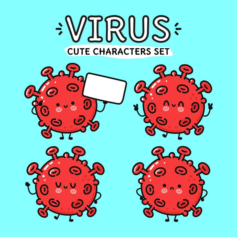 rolig söt glad virus tecken bunt set. vektor handritad doodle stil seriefigur illustration ikon design. isolerad på blå bakgrund. söt virus maskot karaktär samling