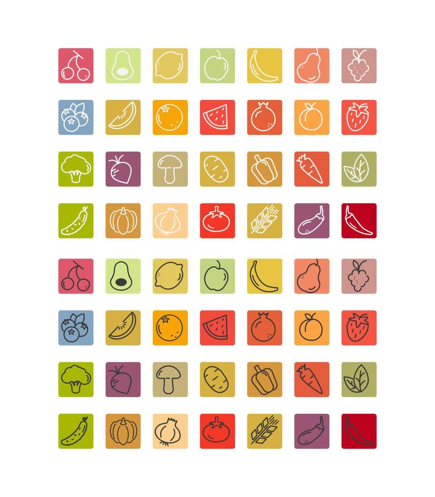 färgglada ikoner med frukt och grönsaker vektor