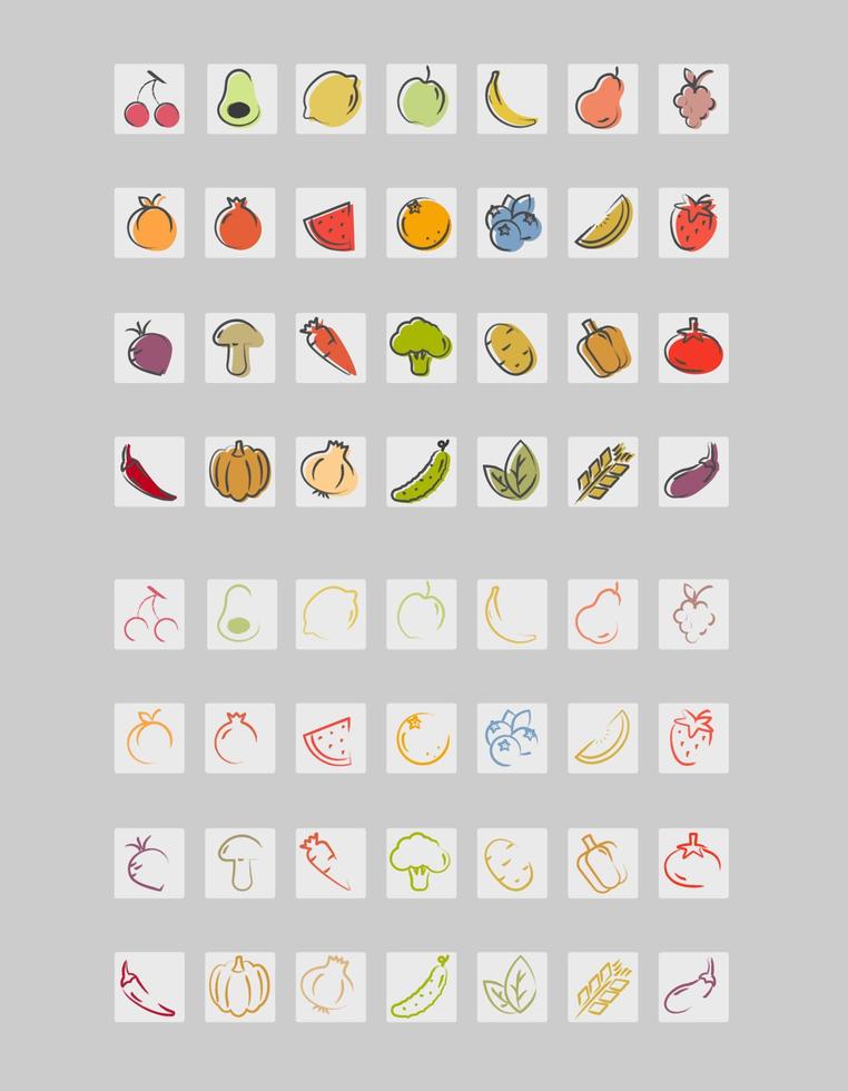 ikoner med frukt och grönsaker vektor