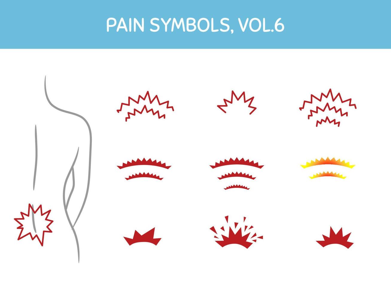 satz von schmerzmarkern für illustrationen, medizinische und gesundheitsthemendesigns. Verschiedene Symbole, die den Schmerzfokus, Triggerpunkte und schmerzhafte Körperbereiche zeigen. Vektorelemente, isoliert auf weiß. vektor