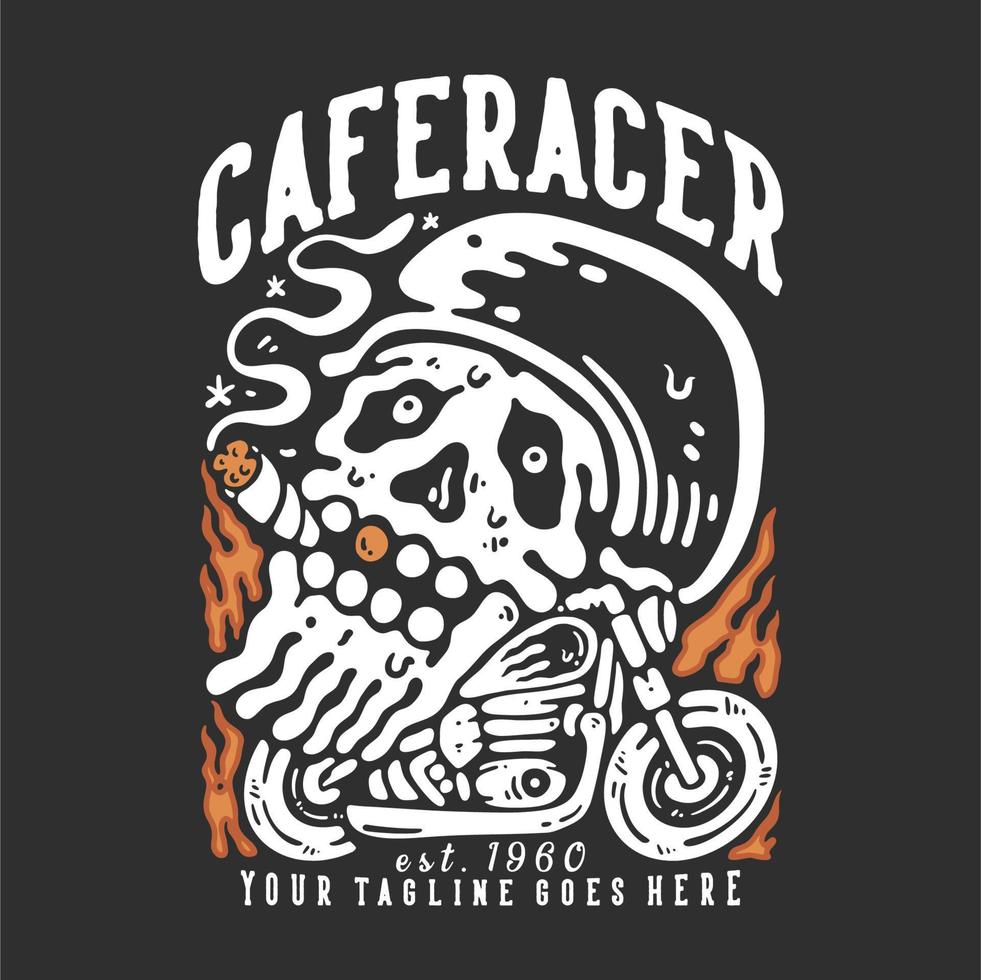 t-shirt design cafe racer est 1960 mit schädelrauchen auf dem motorrad mit grauer hintergrundweinleseillustration vektor