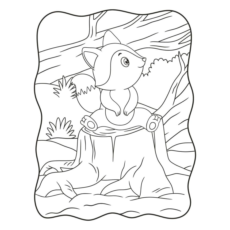tecknad illustration en räv som sitter och kopplar av och njuter av vädret under dagen på stammen av ett stort träd som höggs ner bok eller sida för barn svart och vitt vektor
