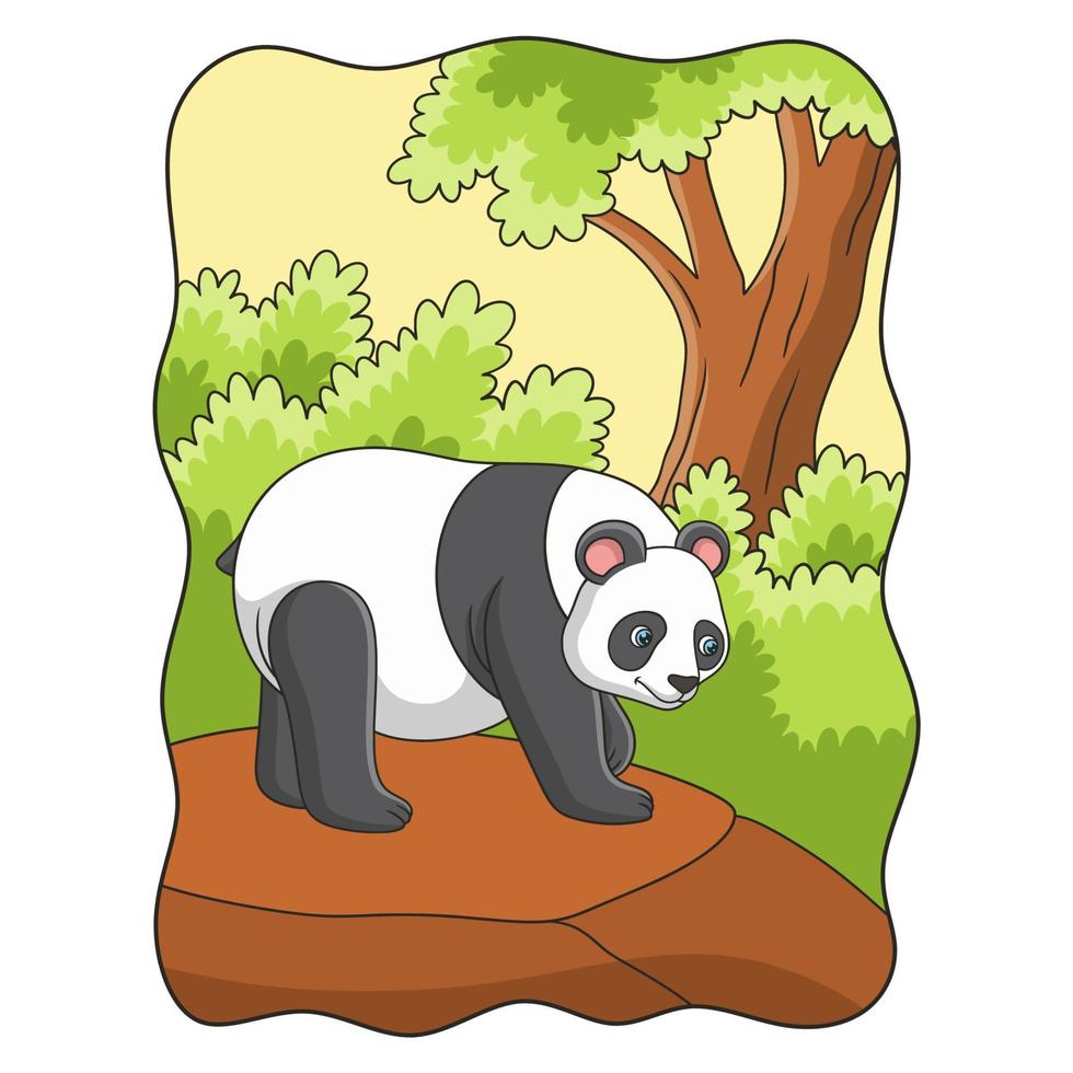 karikaturillustration ein panda, der auf einer klippe mitten im wald spaziert und tagsüber nach nahrung sucht vektor