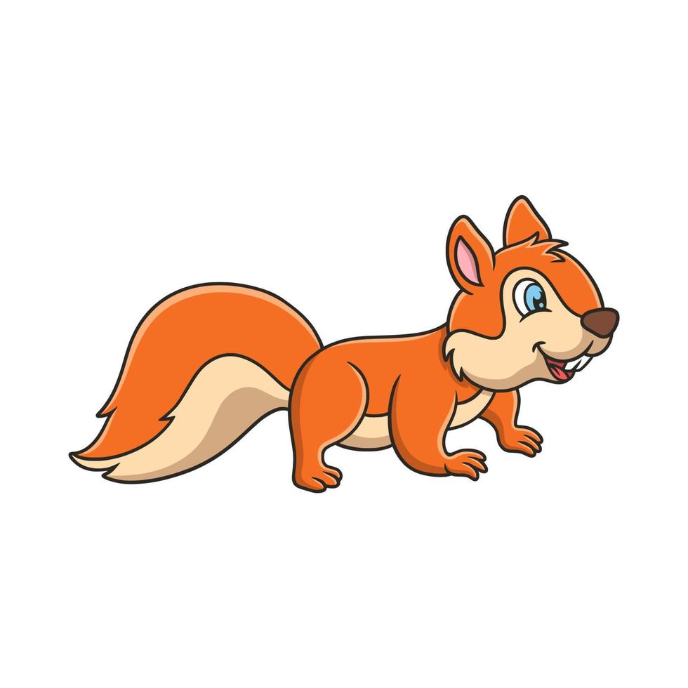 karikaturillustration ein eichhörnchen, das auf einem umgestürzten baumstamm mitten im wald auf nahrung zuläuft vektor