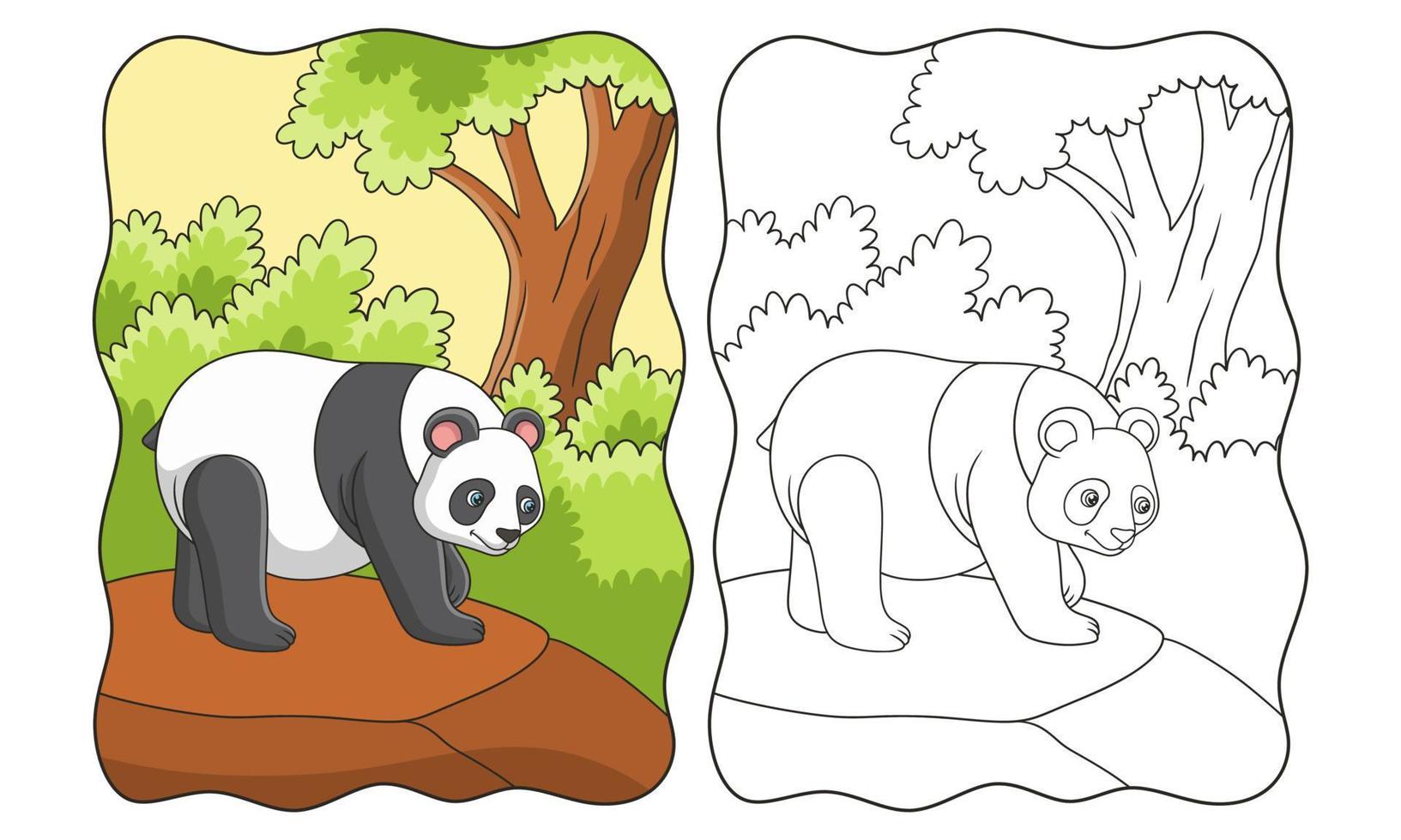 karikaturillustration ein panda, der auf einer klippe mitten in einem wald auf der suche nach nahrung geht vektor