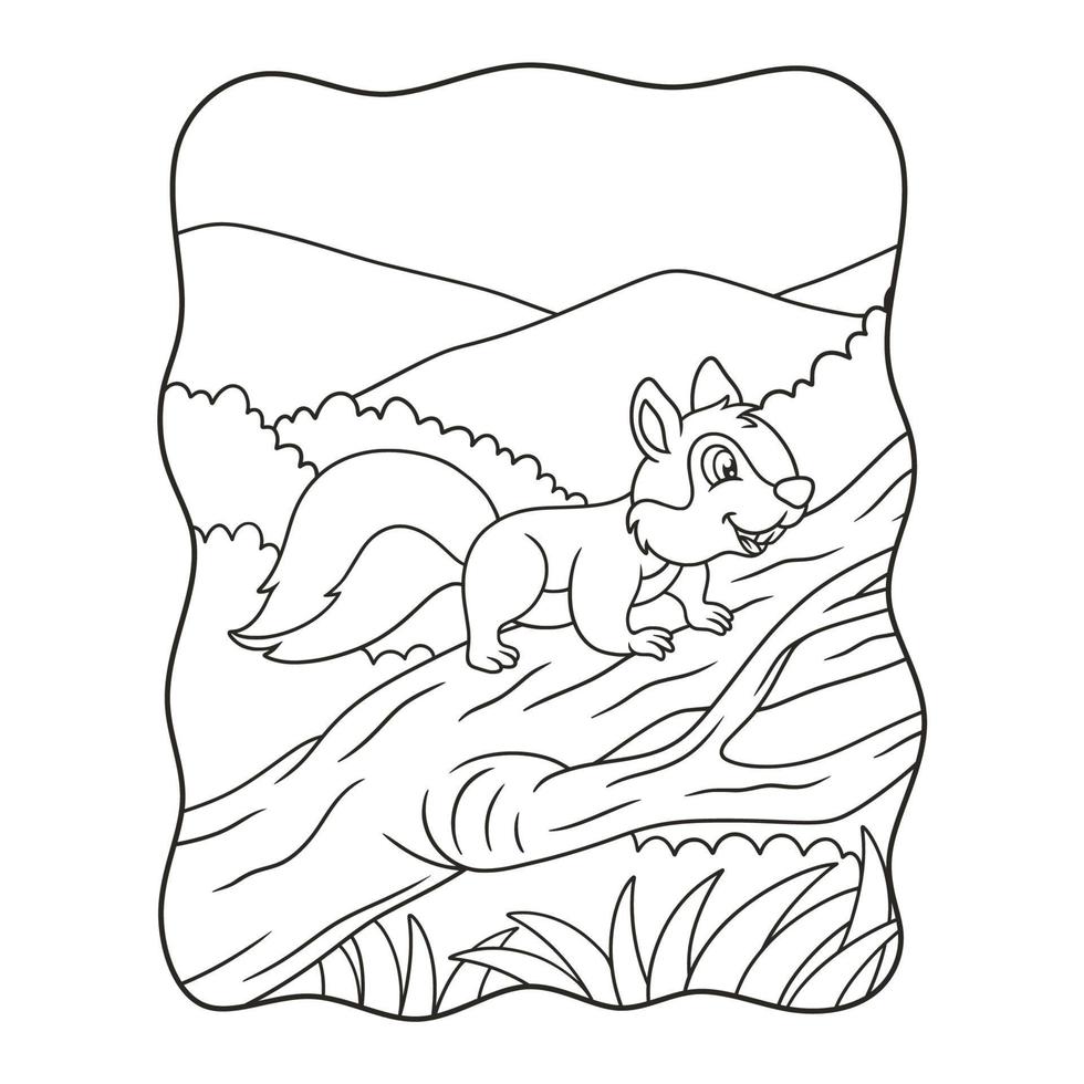 tecknad illustration en ekorre springer mot mat på en fallen trädstam mitt i skogen bok eller sida för barn svart och vitt vektor