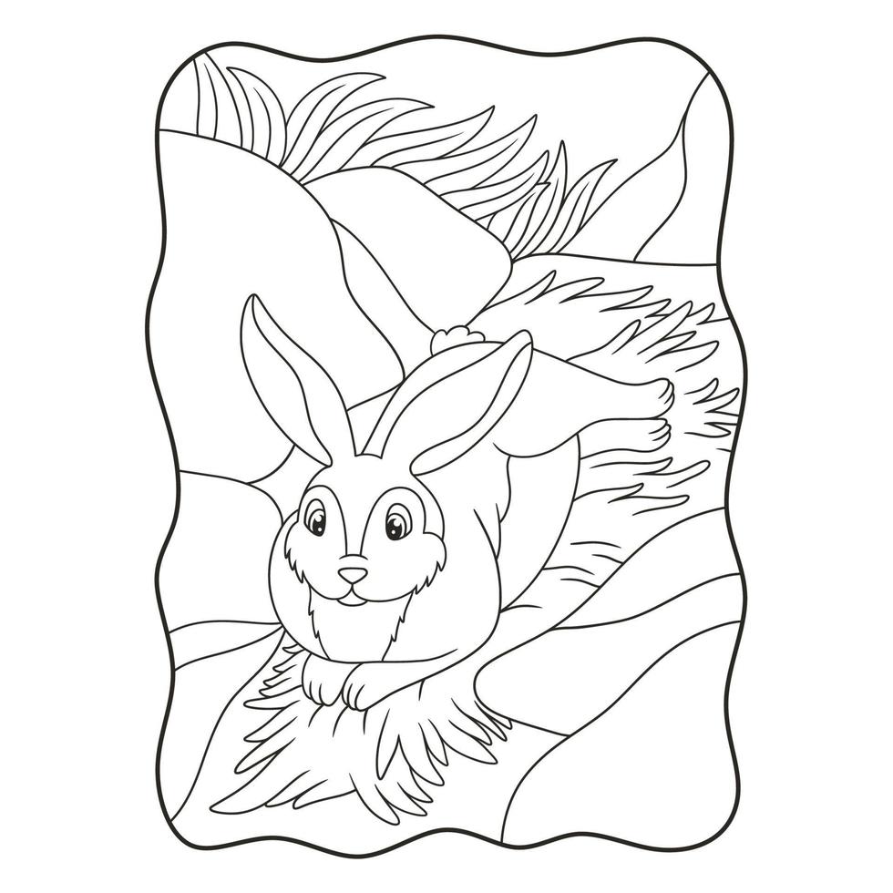 karikaturillustration das kaninchen liegt auf dem heu unter der klippe, um den sonnenschein mitten im waldbuch oder auf der seite für kinder schwarz und weiß zu genießen vektor