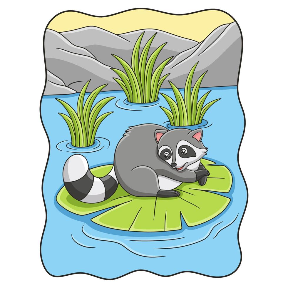 karikaturillustration der waschbär liegt und entspannt sich auf einem lotusblatt mitten im fluss vektor