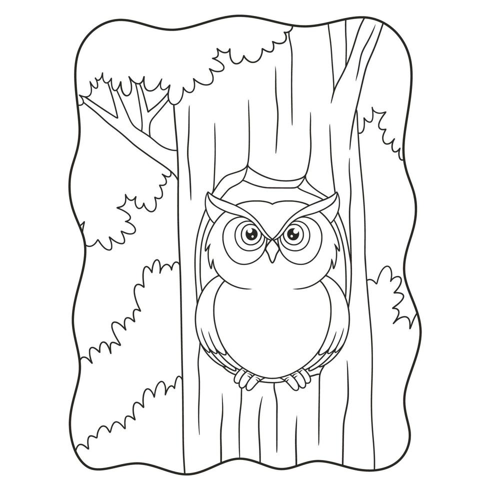 tecknad illustration uggla som står framför sitt hus på en stor trädstam på natten bok eller sida för barn svart och vitt vektor