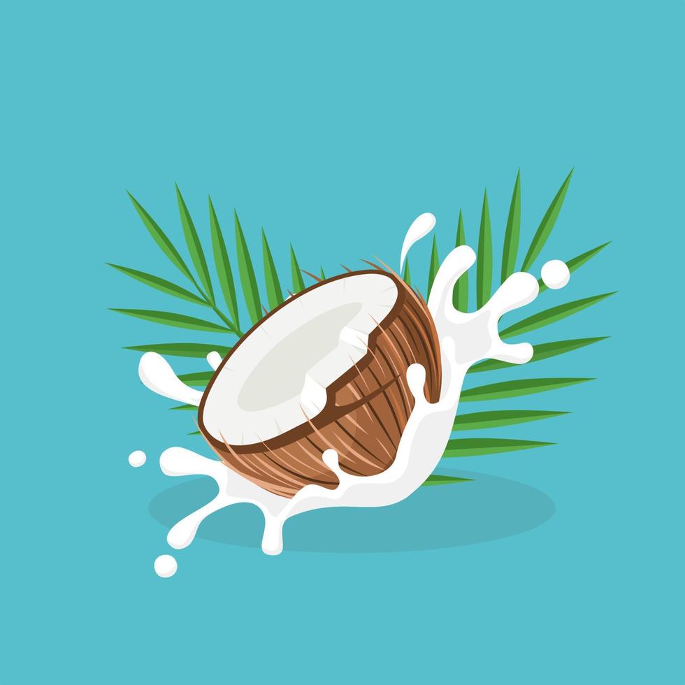 vektorillustration, kokosnöt och blad med mjölkstänk, perfekt som förpackningsetikett, reklamaffisch eller World Coconut Day-banner. vektor