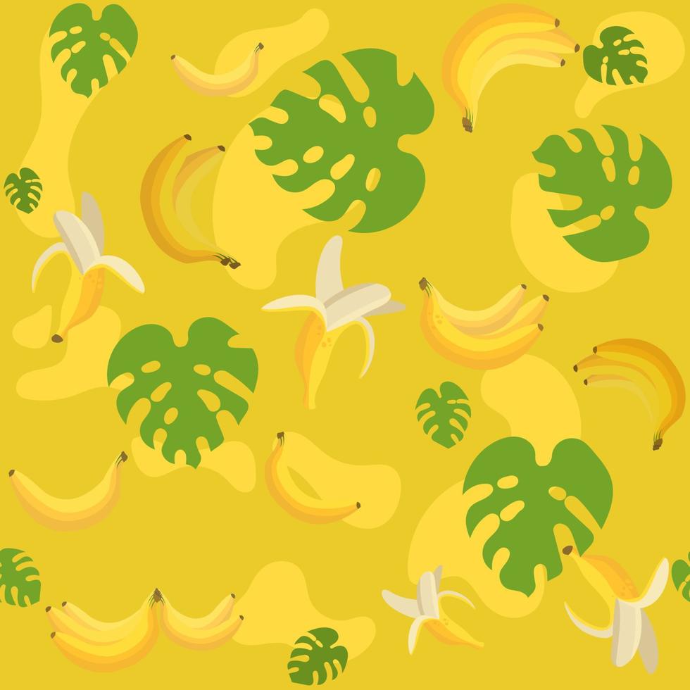 bananennahtloses muster, gelbe früchte mit tropischen blättern. Abbildung von süßen Speisen. hintergrunddesign für textilien, scrapbooking, kinderkulisse vektor