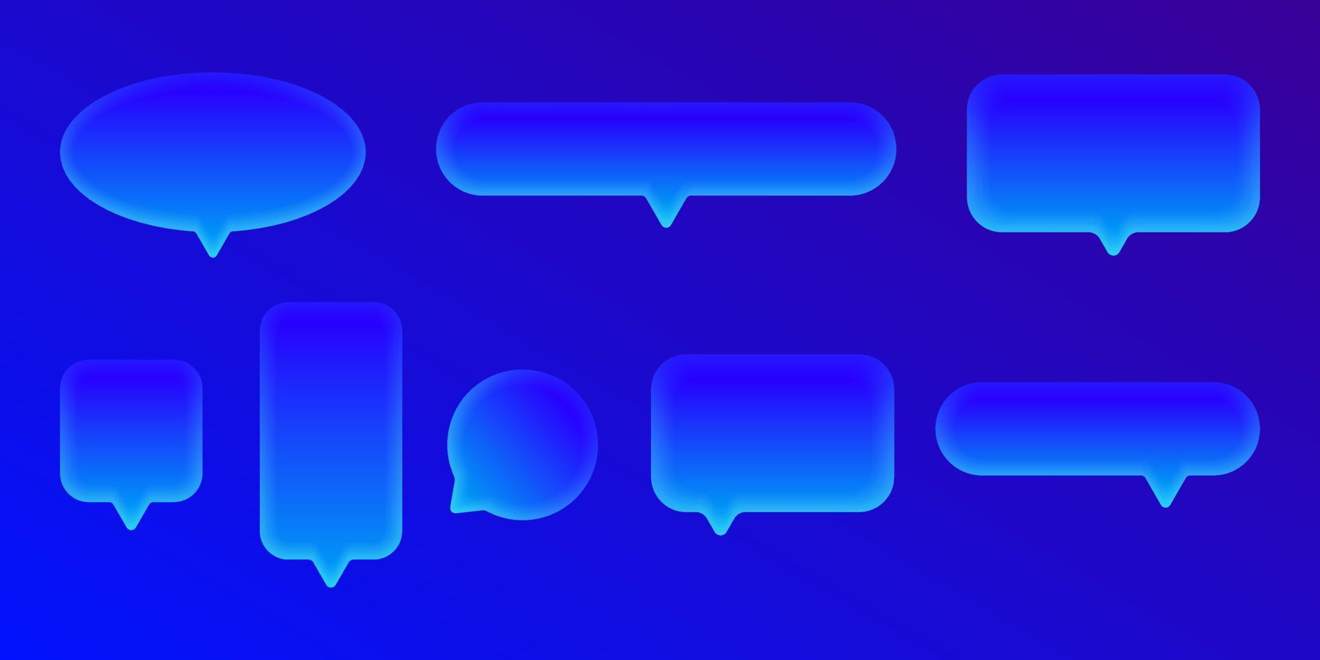 uppsättning av 3d prata bubbla text, chatta box, meddelande box realistisk neon blå vektor illustration design. ballong 3d stil av konversation tecken symbol. på den färgstarka bakgrunden.
