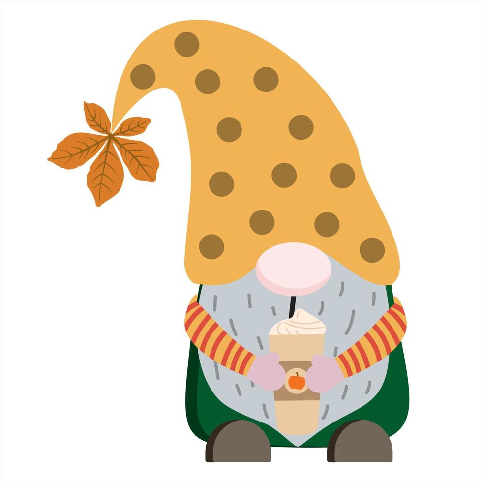 Cartoon-Vektor-Gnome-Illustration in Herbstfarben mit Pumpkin Spice Latte Cup mit Sahne. isoliert auf weißem Hintergrund. vektor