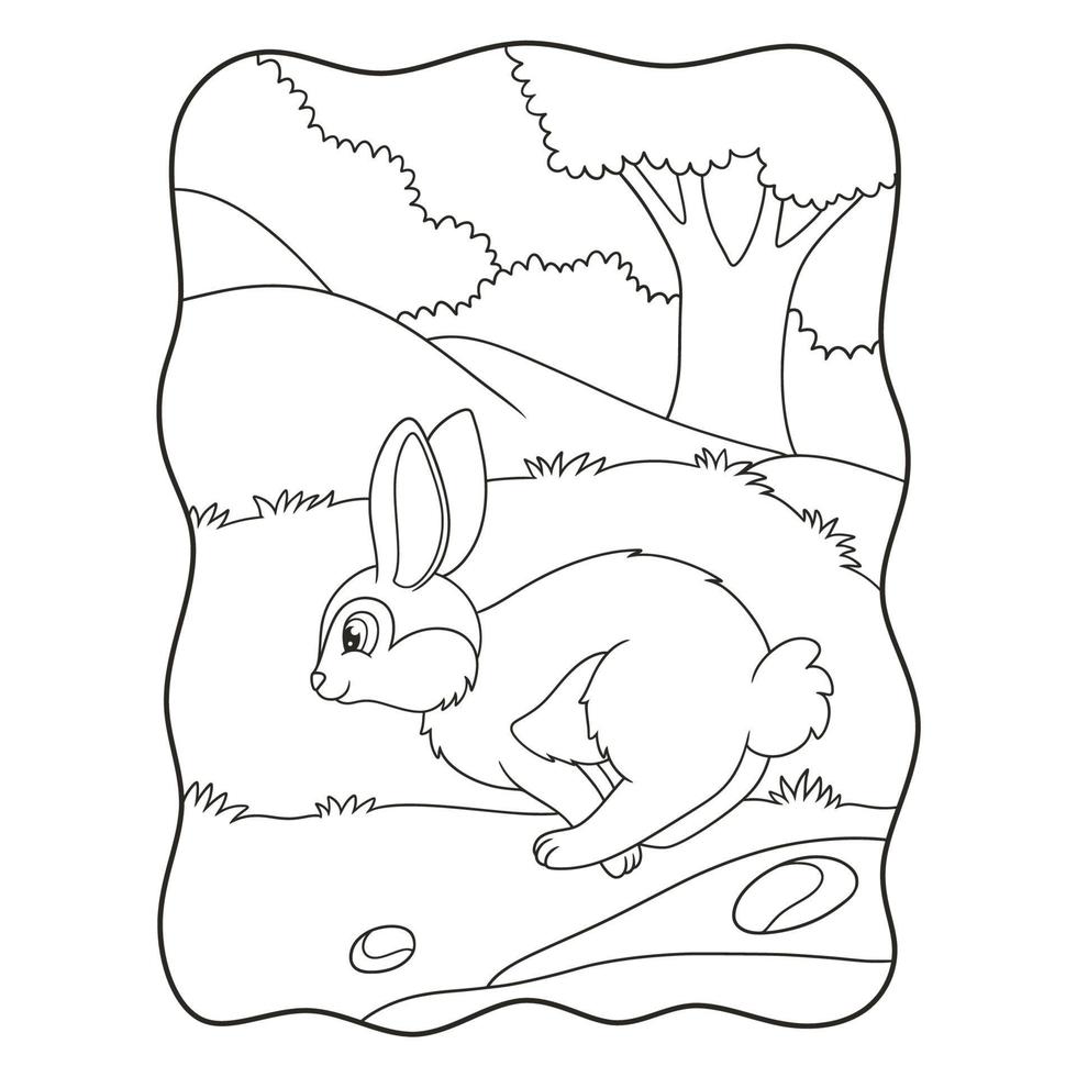 cartoon illustration kaninchen springen und rennen auf der suche nach nahrung im waldbuch oder auf der seite für kinder schwarz und weiß vektor