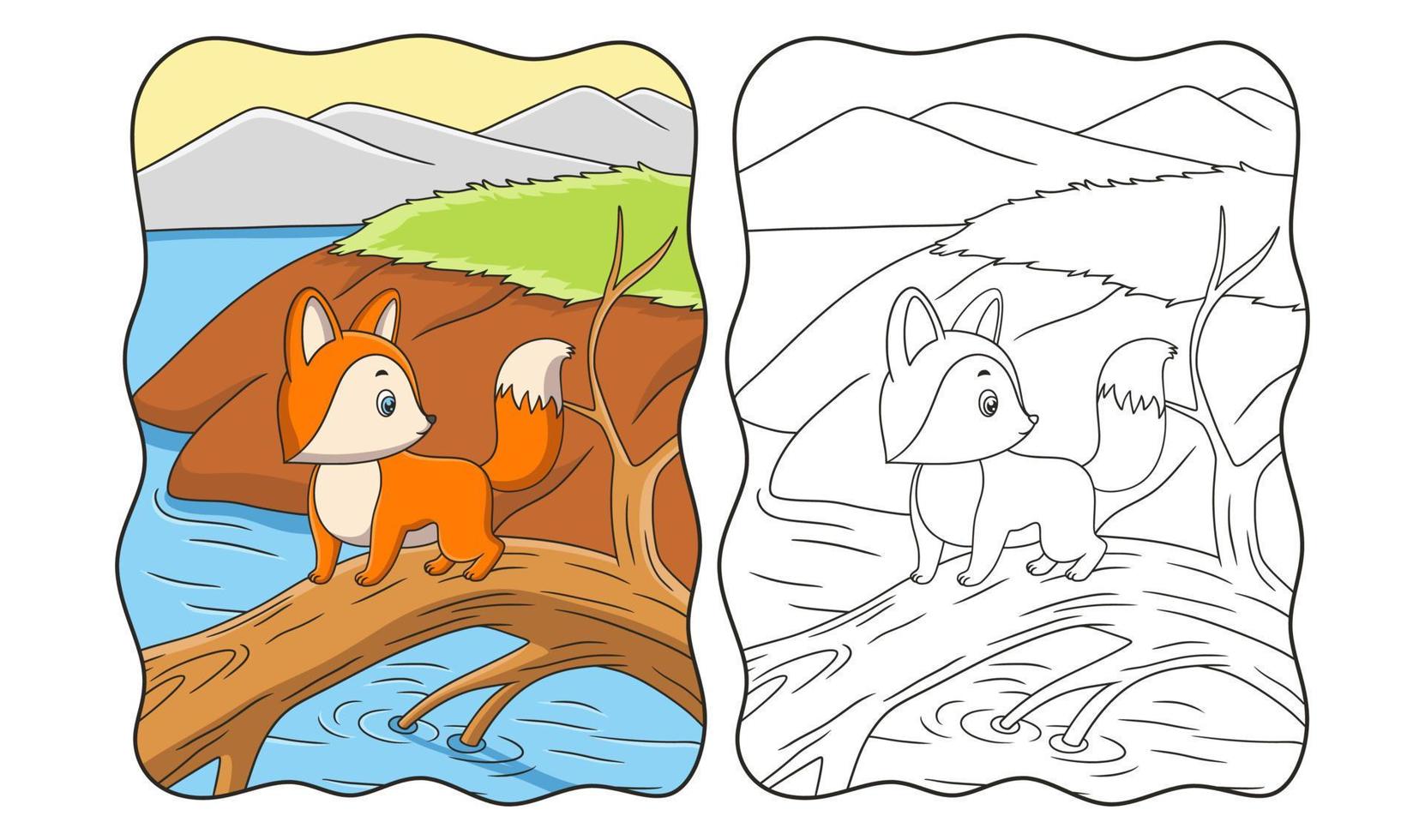 karikaturillustration ein fuchs, der auf einem umgestürzten baumstamm am flussbuch oder einer seite für kinder spaziert vektor