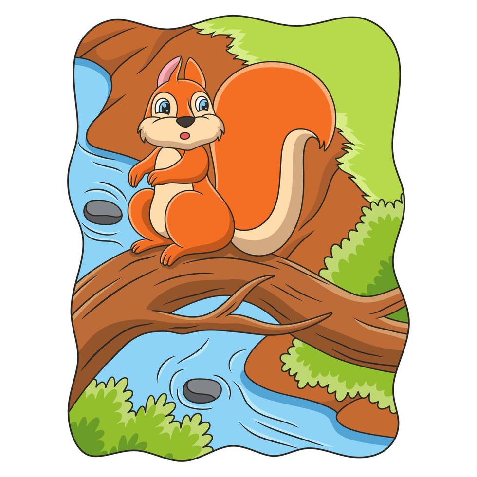 karikaturillustration ein eichhörnchen, das auf einem umgestürzten baumstamm über einem fluss sitzt, mit einer schönen aussicht vektor