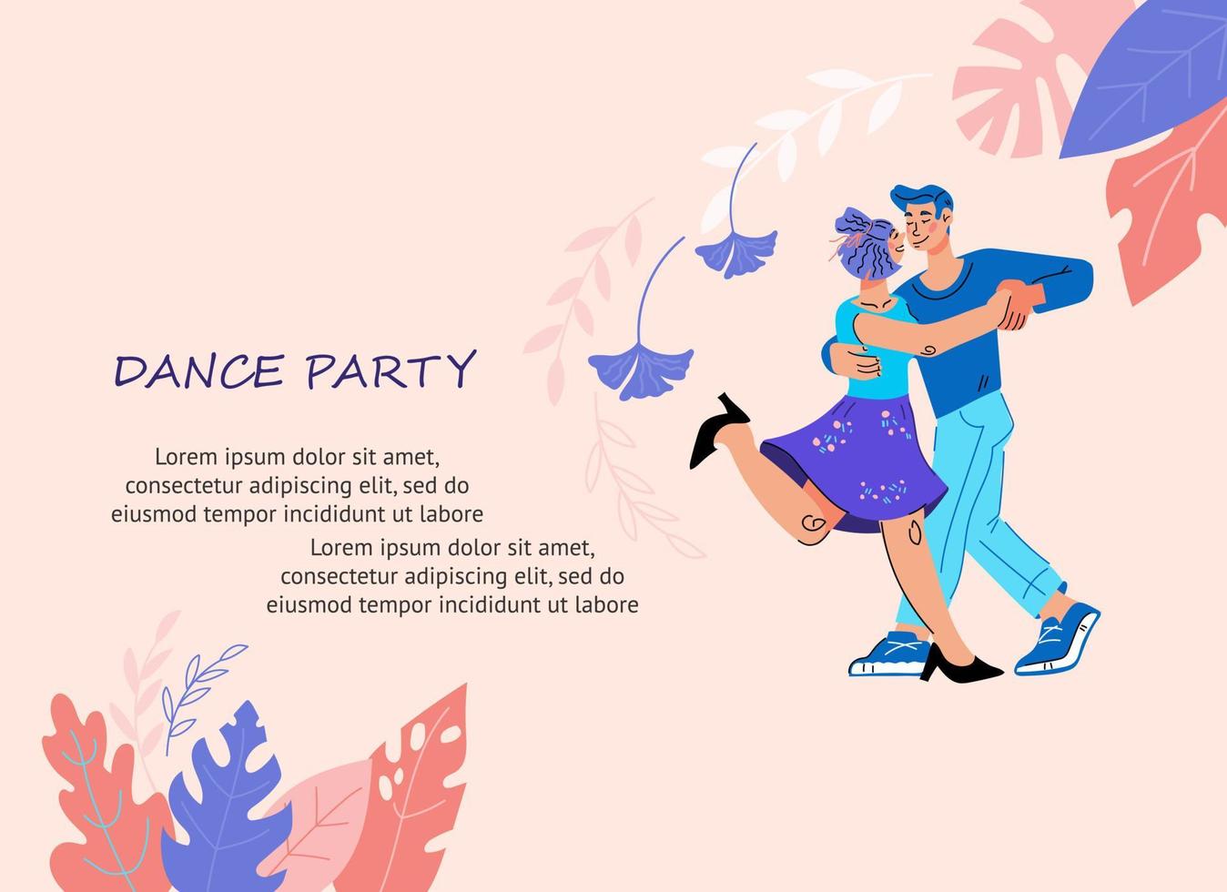 Tanzparty-Einladungskarte oder Banner mit tanzenden Paaren, Vektorillustration im trendigen flachen Cartoon-Stil isoliert. tanzclub oder klassenplakatvorlage. vektor