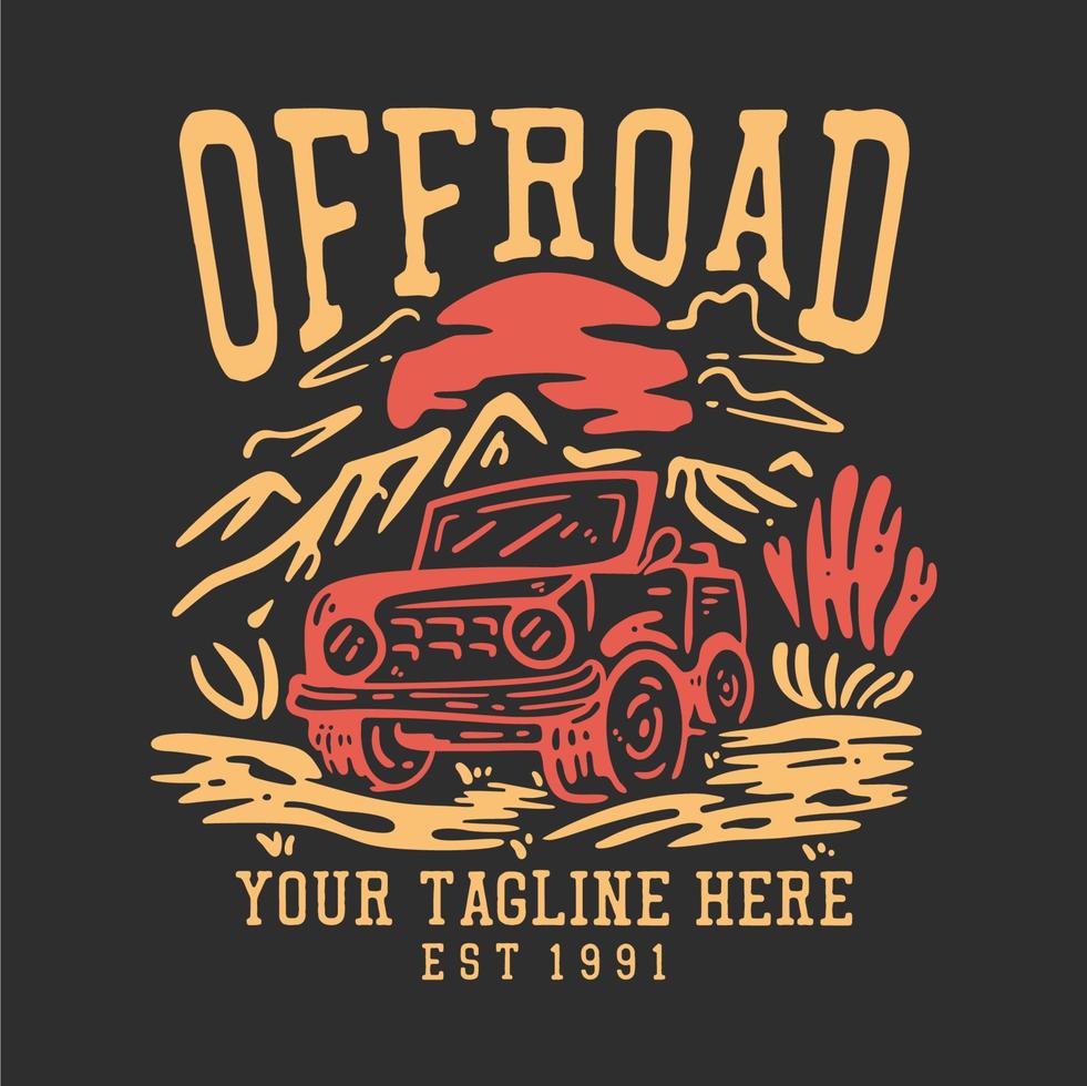T-Shirt-Design abseits der Straße mit Jeep-Auto und grauer Hintergrund-Vintage-Illustration vektor