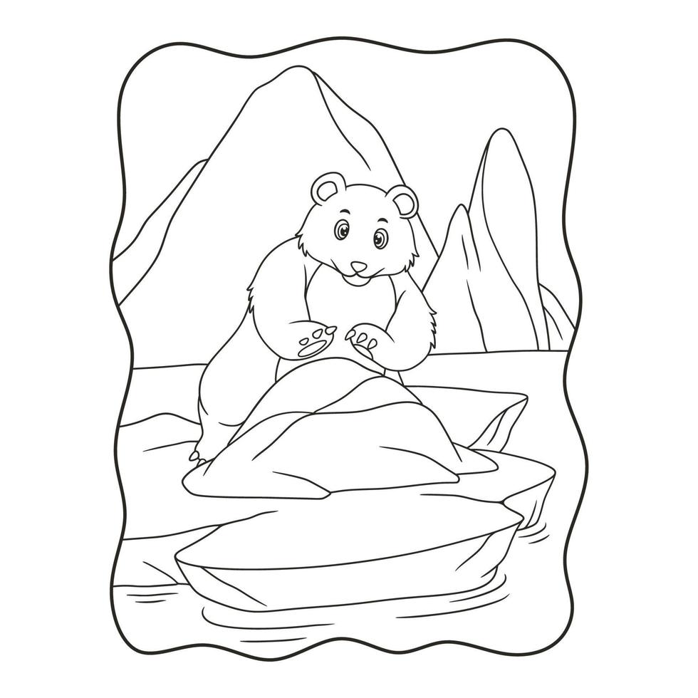 karikaturillustration eisbär versucht, ein kaputtes eisbergbuch oder eine seite für kinder schwarz-weiß zu reparieren vektor