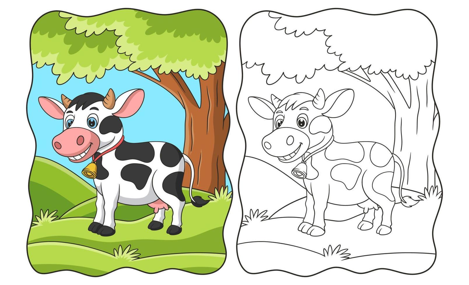 karikaturillustration eine kuh, die mitten im wald unter einem großen baumbuch oder einer seite für kinder nach nahrung geht vektor