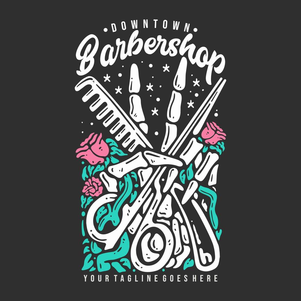 T-Shirt-Design im Stadtzentrum gelegener Friseursalon mit Schädelhand, die eine Schere und einen Kamm mit grauer Hintergrundweinleseillustration hält vektor