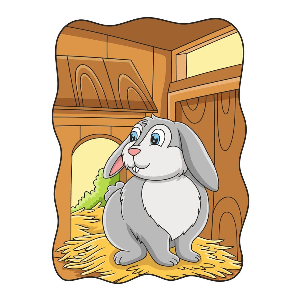 karikaturillustration das kaninchen auf dem heu im käfig vektor