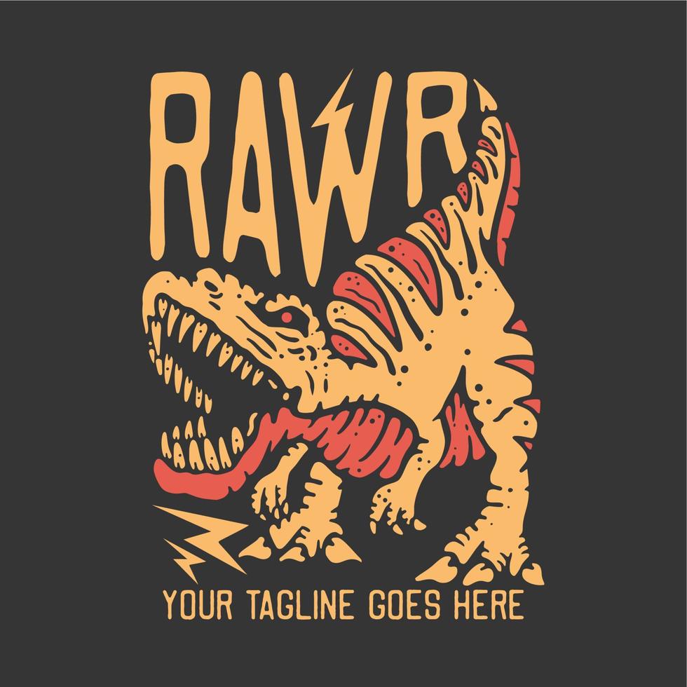 t-shirt design rawr mit tyrannosaurus und grauer hintergrundweinleseillustration vektor