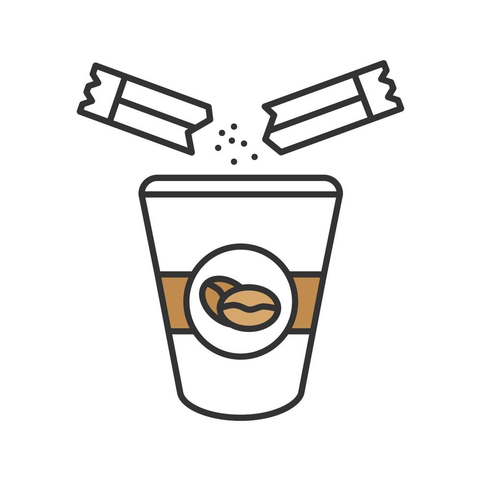 lägga till socker till kaffe färgikonen. engångs kaffekopp och sockerpåse. isolerade vektor illustration