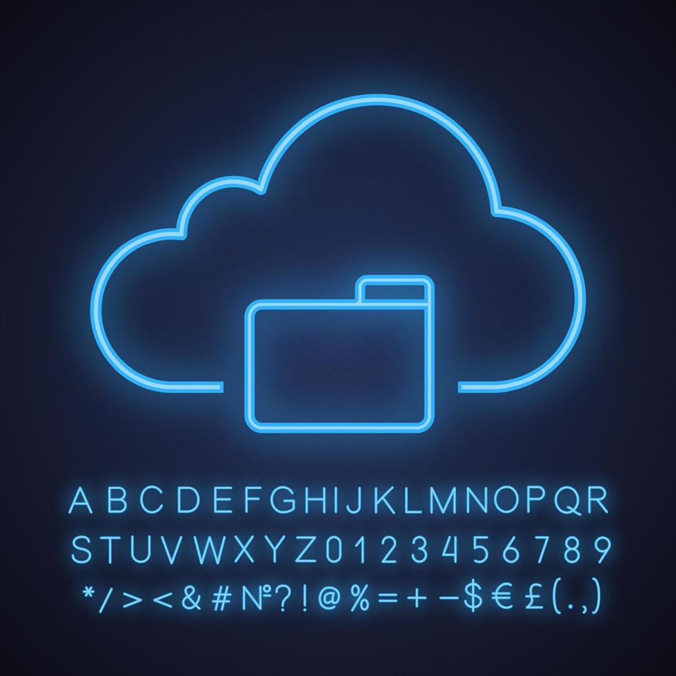 Symbol für Neonlicht im Cloud-Speicherordner. Cloud Computing. leuchtendes zeichen mit alphabet, zahlen und symbolen. vektor isolierte illustration