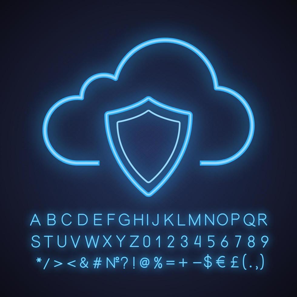 Cloud-Speicher-Datenschutz-Neonlicht-Symbol. Sicherheitsschild. Cloud Computing. leuchtendes zeichen mit alphabet, zahlen und symbolen. vektor isolierte illustration