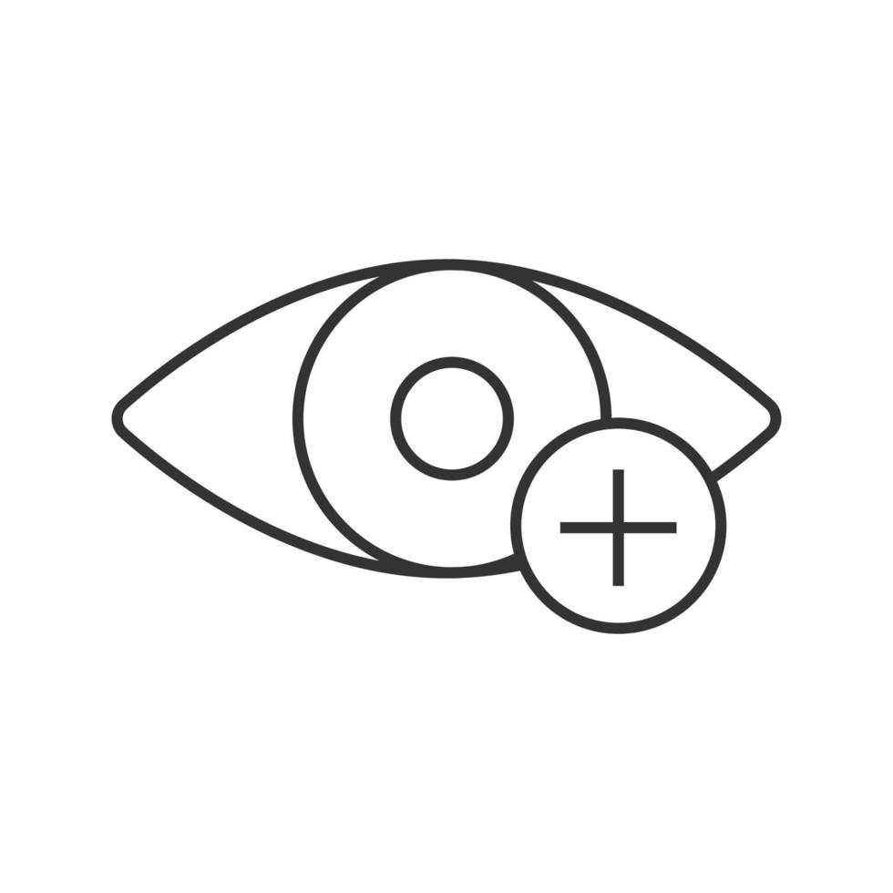 mänskliga ögat med plustecken linjär ikon. tunn linje illustration. framsynt syn. översynthet. kontur symbol. vektor isolerade konturritning