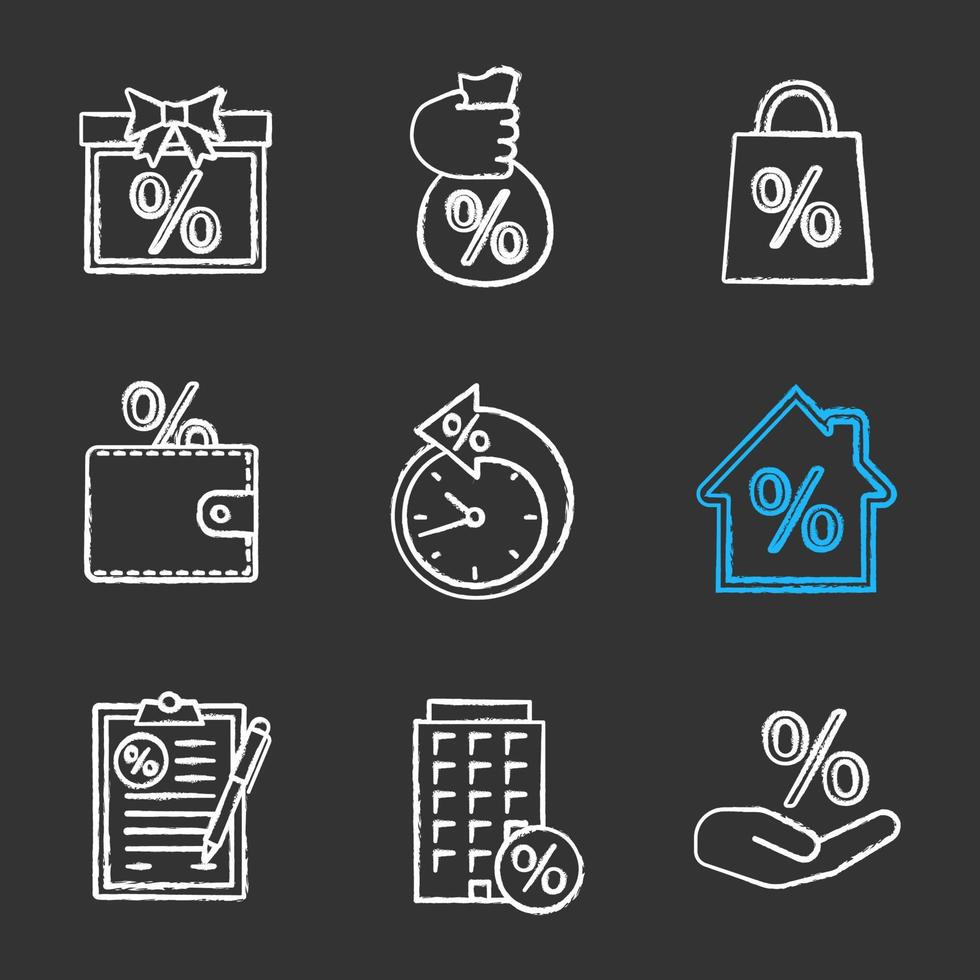 procent krita ikoner set. rabatterbjudande, rea, spara pengar, betalningstid, bolån, finansiellt dokument, ränta. isolerade svarta tavlan vektorillustrationer vektor