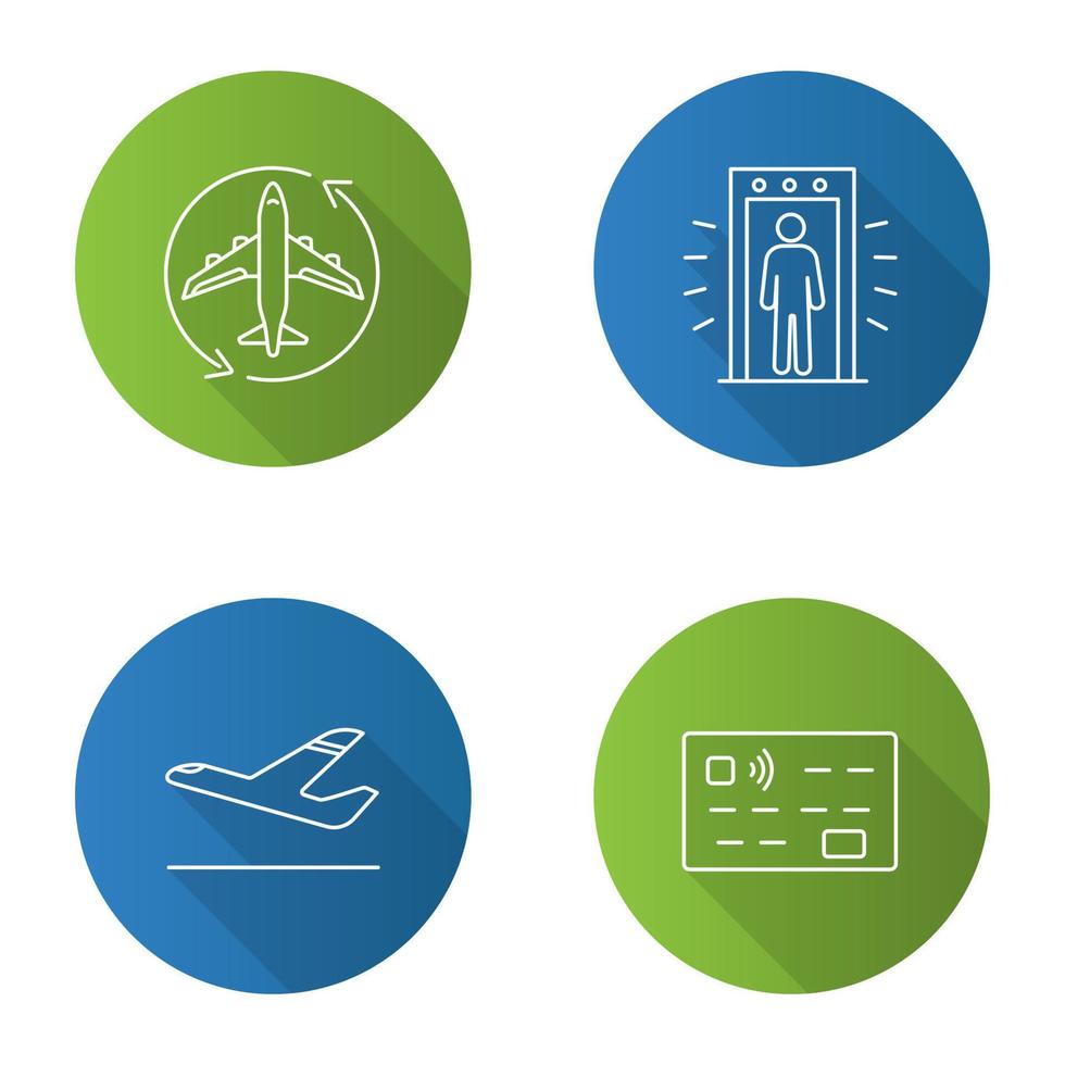 flygplats tjänst platt linjär lång skugga ikoner set. flygtransit, portalmetalldetektor, flygplansavgång, kreditkort. vektor kontur illustration