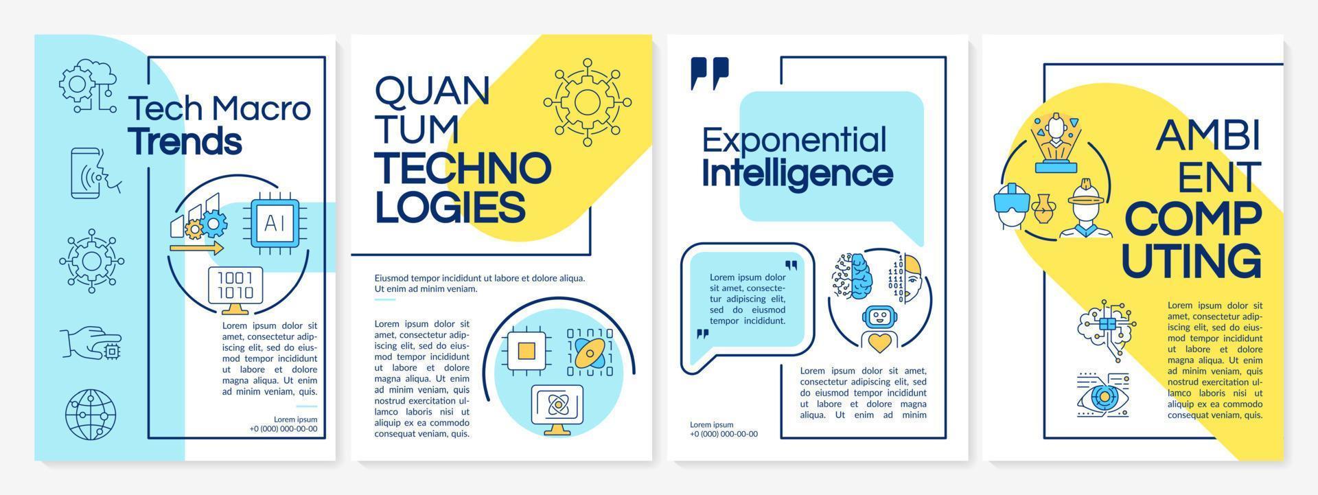 technologietrends blaue und gelbe broschürenvorlage. technische Entwicklung. Broschürendesign mit linearen Symbolen. 4 Vektorlayouts für Präsentationen, Jahresberichte vektor