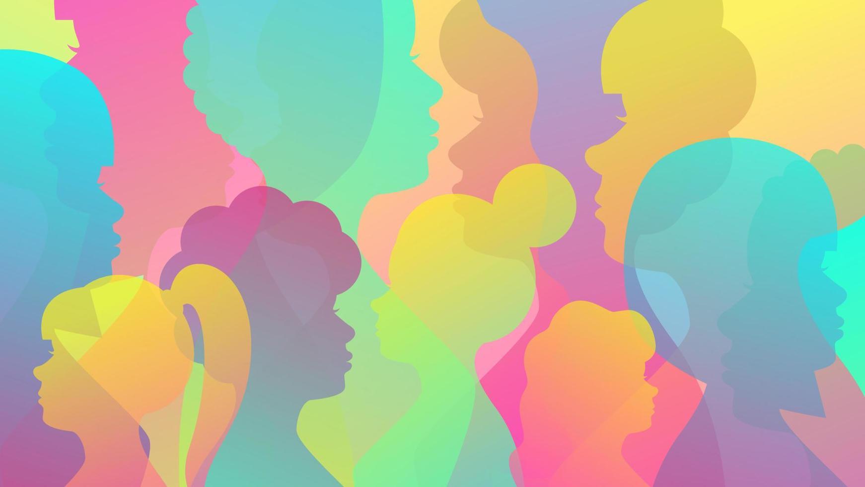 färgad bakgrund från kvinnliga silhuetter. koncept för mångfald, feminism, internationella kvinnodagen. vektor stock illustration.