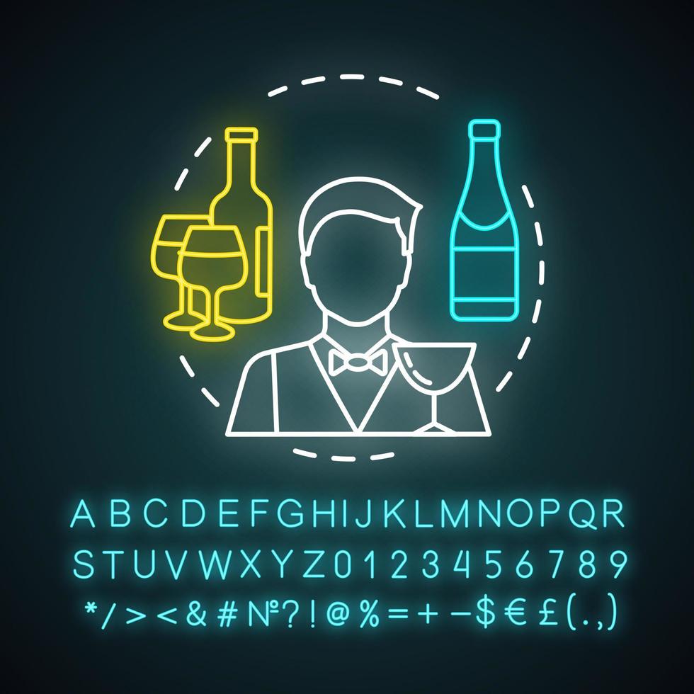 Symbol für Neonlicht des Barkeepers. Barmann, Barkeeper. Restaurant, Barpersonal. Catering-Unternehmen. alkoholisches Getränk in der Flasche. leuchtendes zeichen mit alphabet, zahlen und symbolen. vektor isolierte illustration