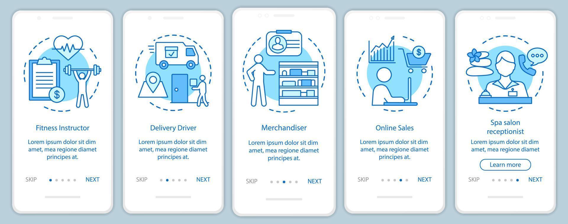 deltidsjobb blå onboarding mobil app sidskärm med linjära koncept. fitnessinstruktör, receptionist genomgångssteg grafiska instruktioner. ux, ui, gui vektormall med illustrationer vektor