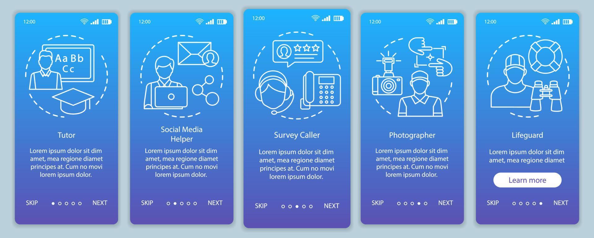 deltidsjobb blå onboarding mobil app sida skärm vektor handledare, fotograf, badvakt. genomgång av webbplatssteg med linjära illustrationer. ux, ui, gui smartphone gränssnitt koncept