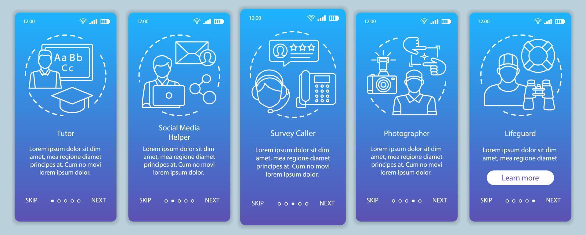 teilzeitjobs blau onboarding mobile app seite bildschirm vektor tutor, fotograf, rettungsschwimmer. Walkthrough-Website-Schritte mit linearen Illustrationen. ux, ui, gui smartphone-schnittstellenkonzept