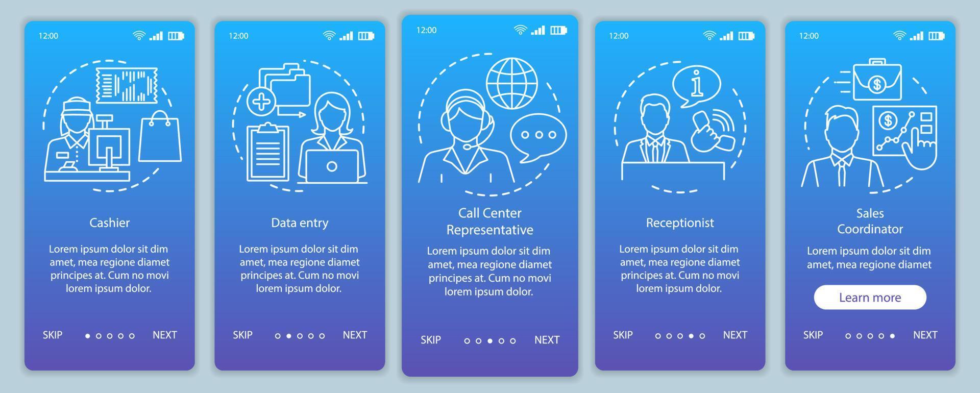 hitta deltidsjobb blå onboarding mobil app sida skärm vektor mall. receptionist, onlineförsäljning. genomgång av webbplatssteg med linjära illustrationer. ux, ui, gui smartphone gränssnitt koncept