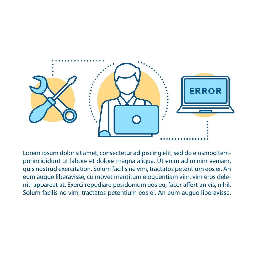 Vektorvorlage für Computerreparaturartikel. PC-Techniker-Service. Broschüre, Magazin, Broschürengestaltungselement mit linearen Symbolen und Textfeldern. Druckdesign. Konzeptillustrationen mit Textraum vektor